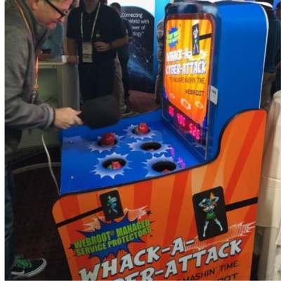 Side view of custom branded whack a mole arcade game