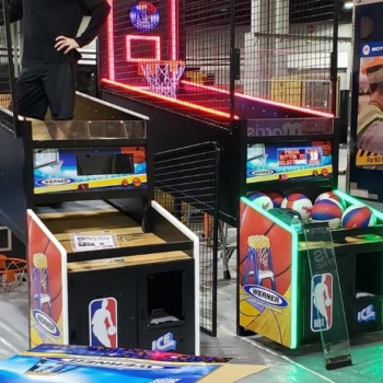 Setting up Branded NBA Hoops at Trade Show