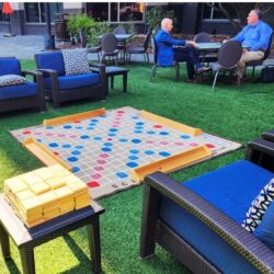Setup for Corp Event with Giant Scrabble Game outside of Atlanta Hotel