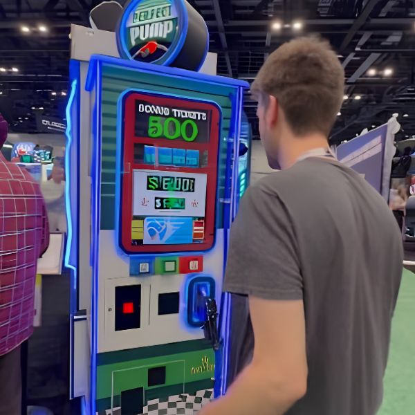 Perfect Pump trade show game rental with custom branded marquee sign